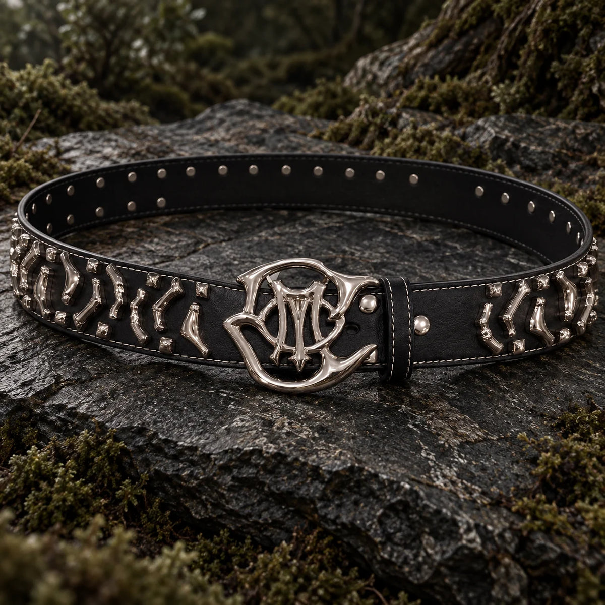 Black leather Orion Belt with polished sculpted hardware on moss-covered rock.